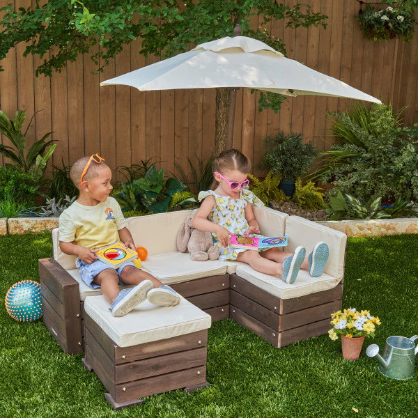 Outdoor Sectional Ottoman & Umbrella Set- Bear Brown & Beige By Kidkraft - Image 2