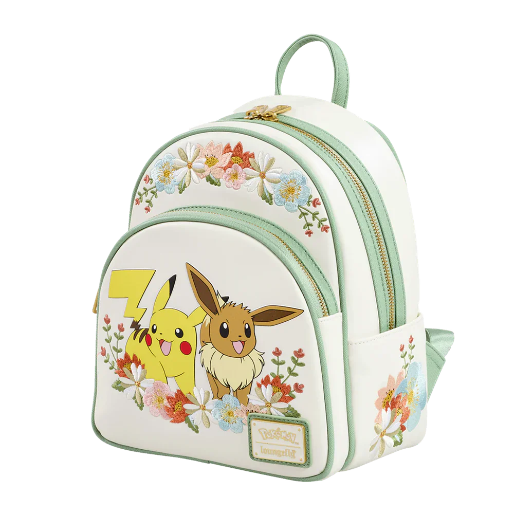 Loungefly Leather: Pokemon Pikachu and Eevee Floral Mini Backpack - Image 2