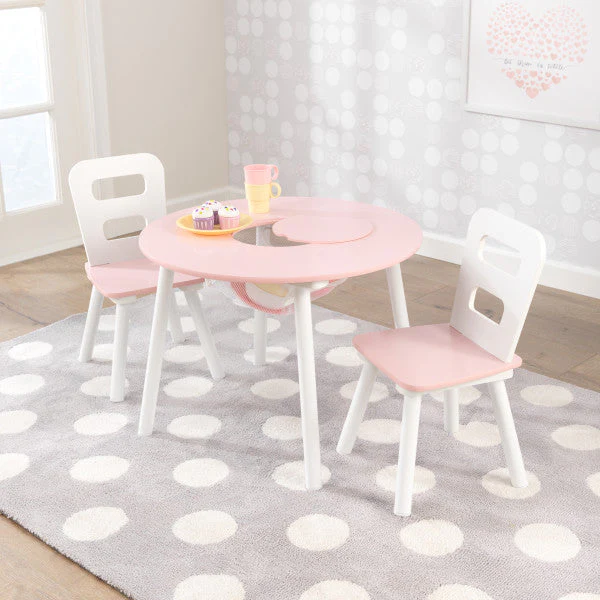 Round Storage Table & 2 Chair Set- White & Pink - Image 3
