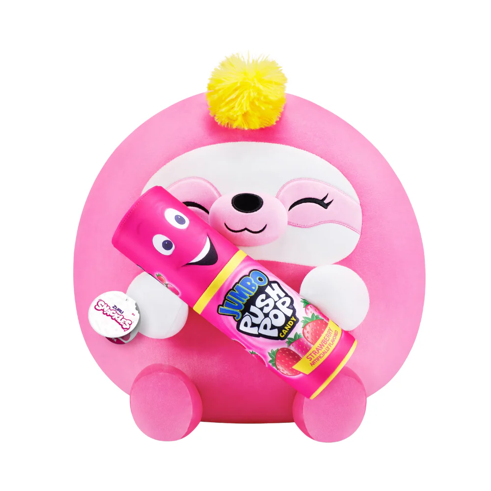 Snackles Sloth Holding Bazooka Push Pop Strawberry Candy 14" Plushie