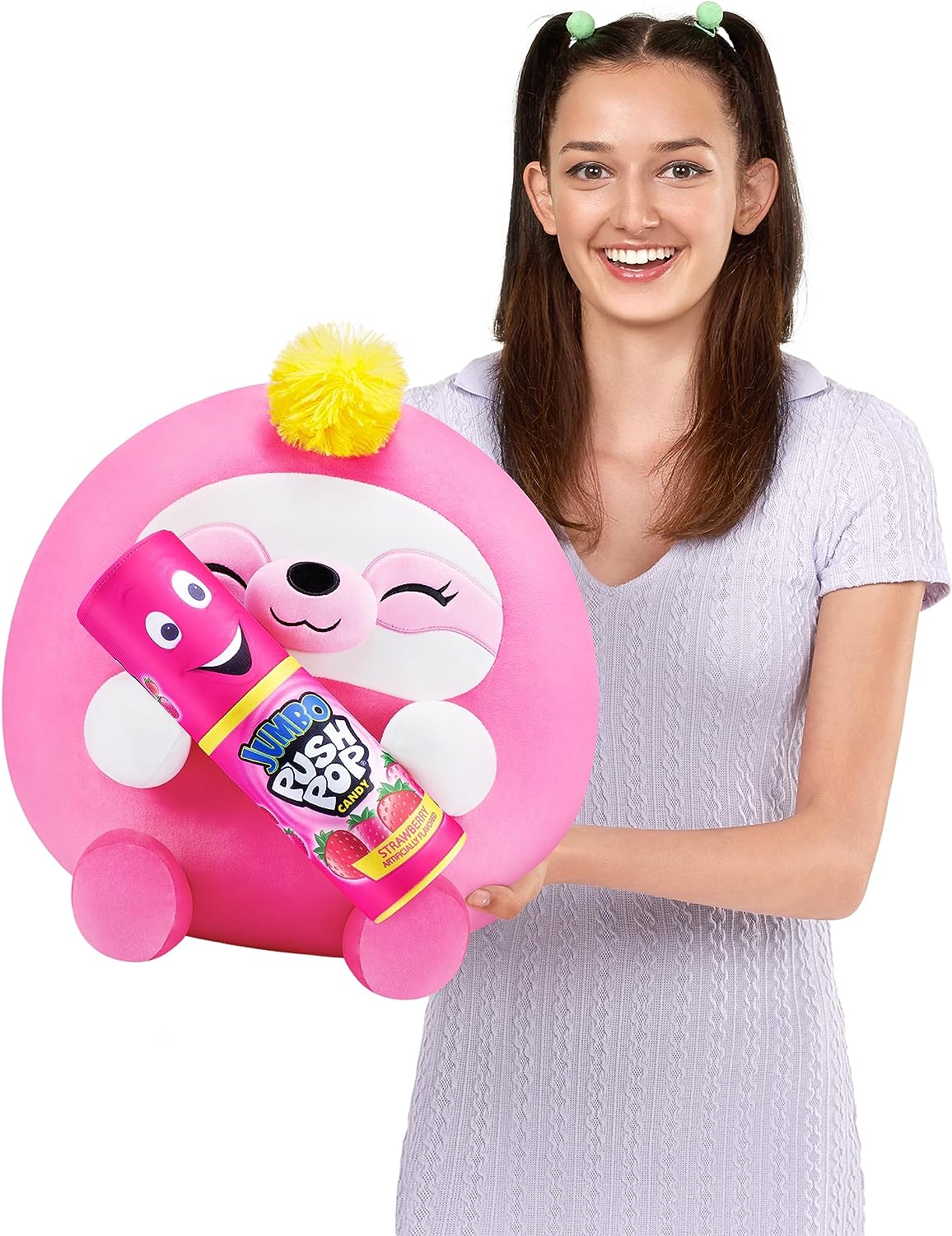 Snackles Sloth Holding Bazooka Push Pop Strawberry Candy 14" Plushie - Image 3